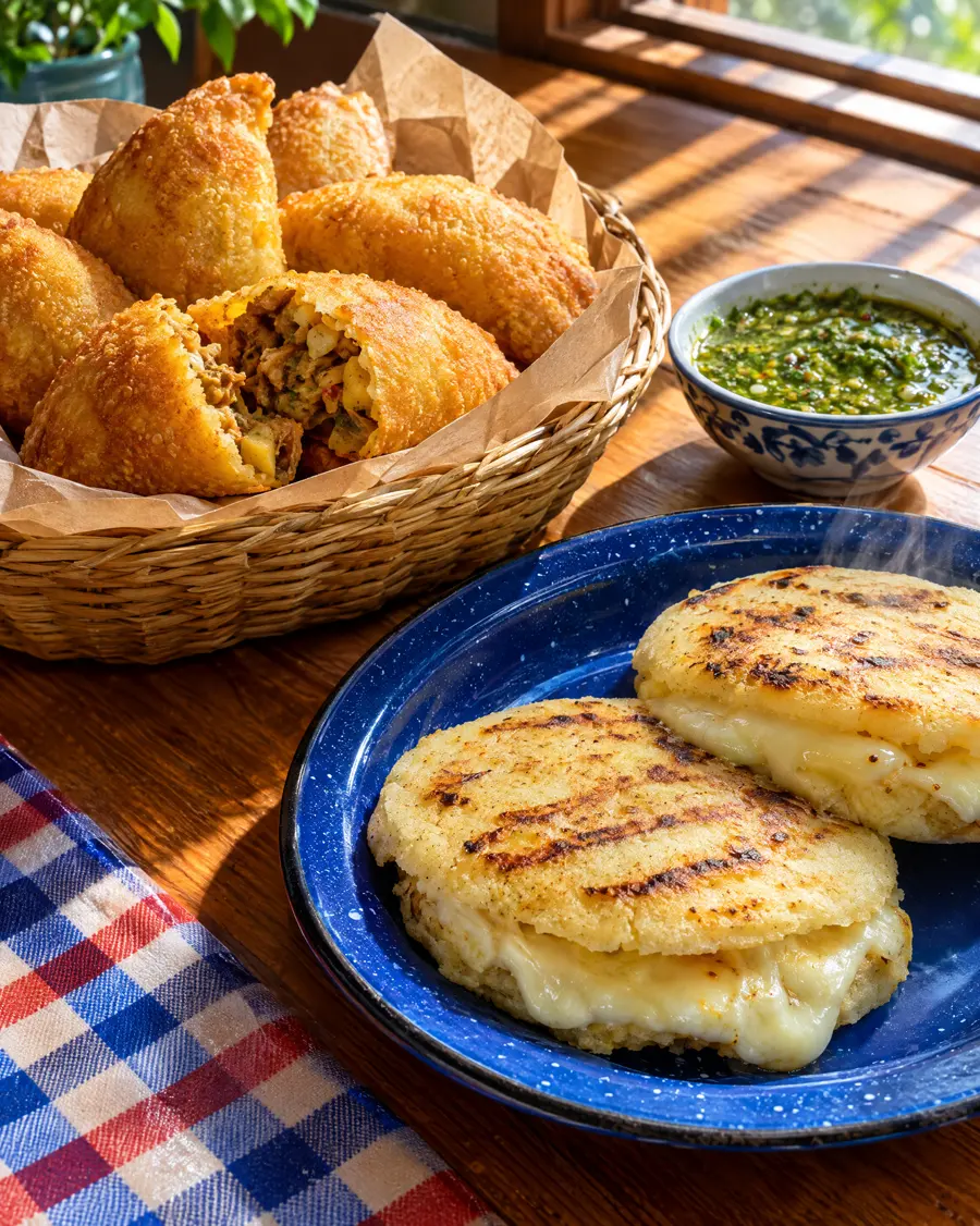 Cesta de empanadas doradas, arepas con queso en plato de esmalte azul y un cuenco de ají